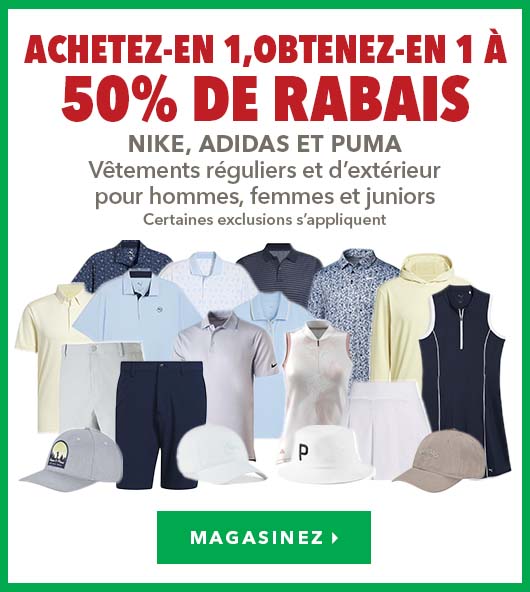 Vêtements réguliers et d'extérieur Nike, adidas et Puma pour femmes, hommes et enfants - Achetez-en 1, obtenez-en 1 à 50% de rabais   